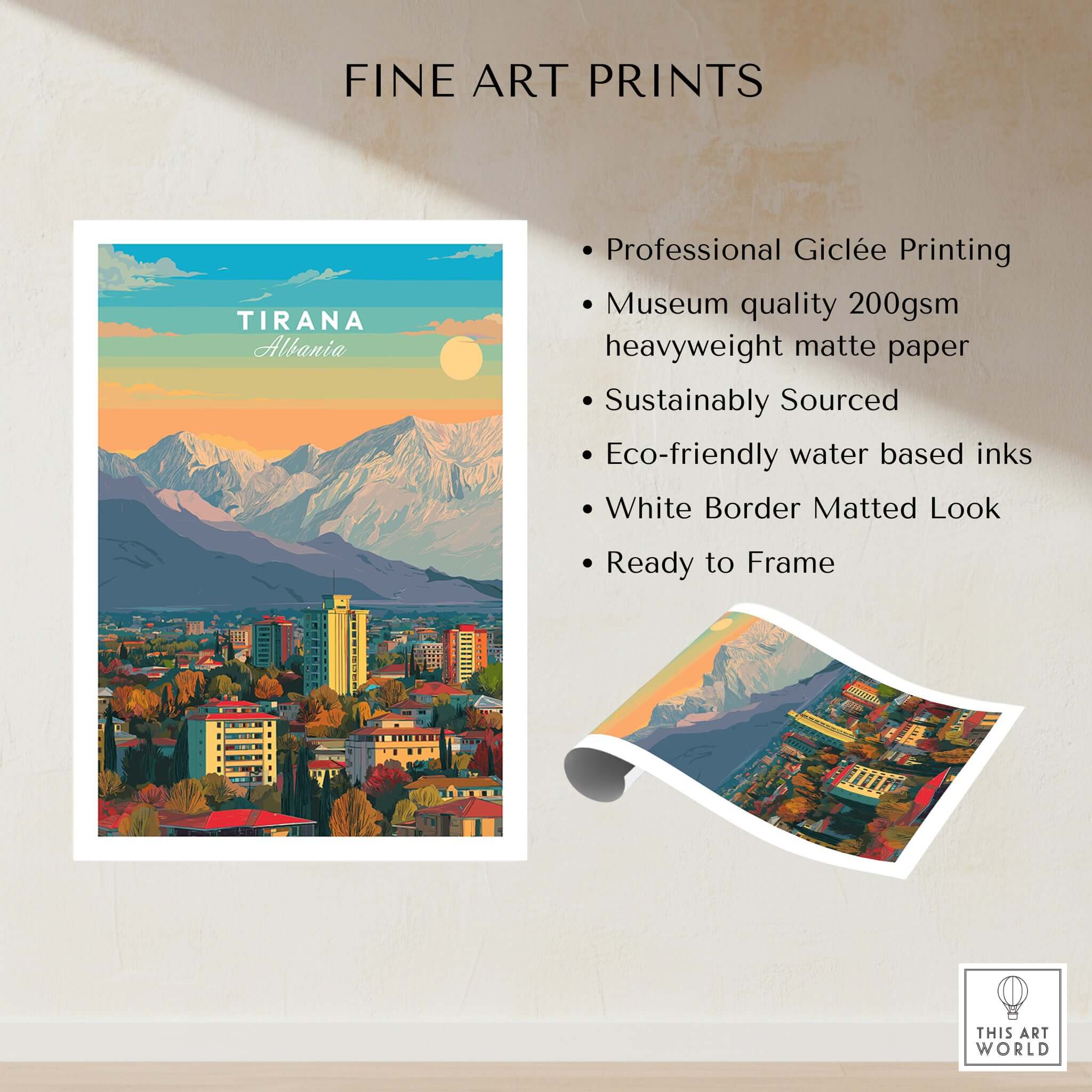 Tirana Cityscape Canvas Print | Albanian Home Wall Art showcasing vibrant colors and mountainous backdrop.