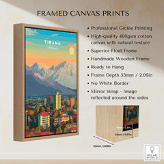 Tirana Cityscape Canvas Print | Albanian Home Wall Art showcasing framed design with detailed Tirana landscape.