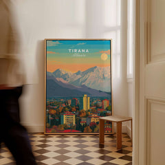 Tirana Cityscape Canvas Print | Albanian Home Wall Art showcasing a vibrant view of Tirana with mountains in the background.