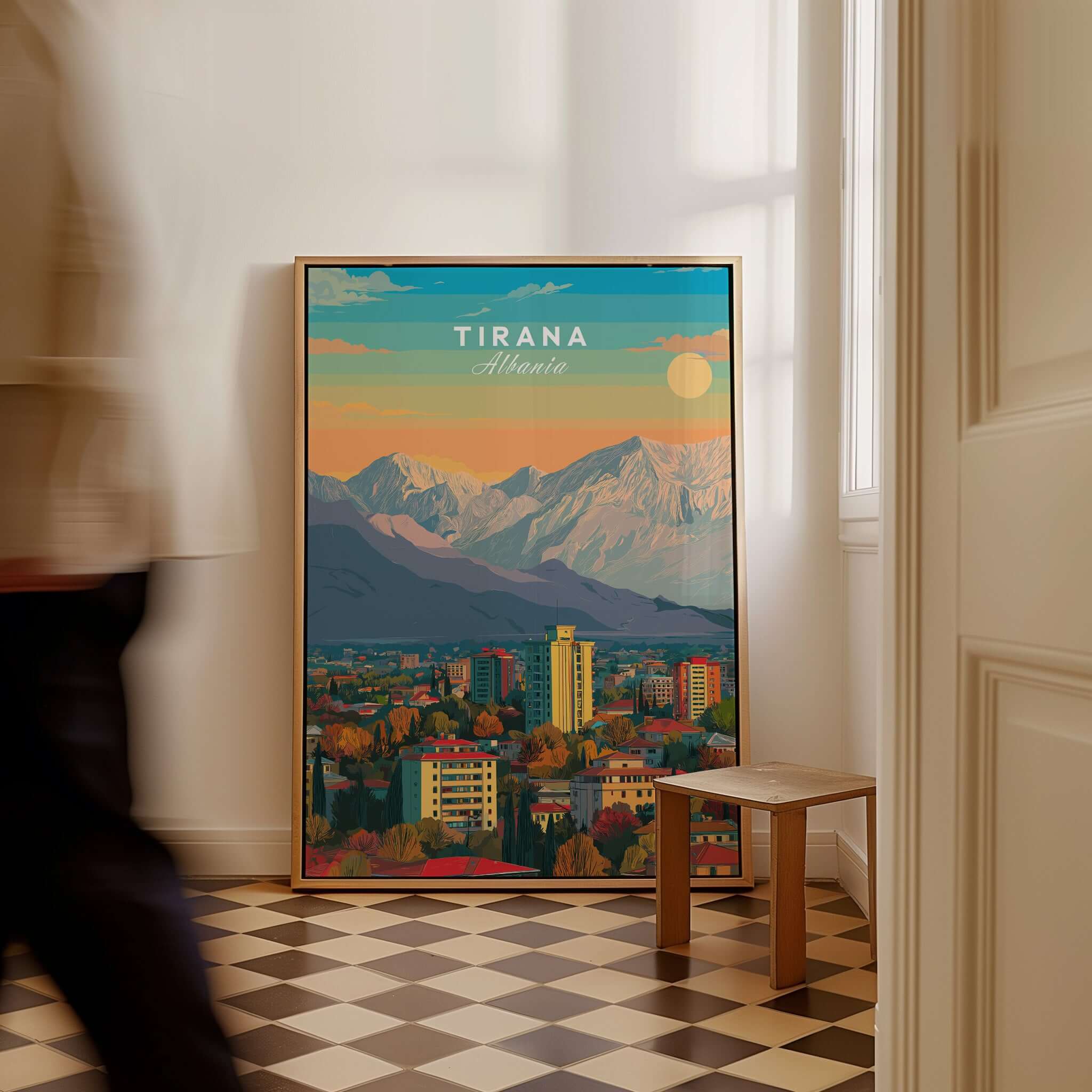 Tirana Cityscape Canvas Print | Albanian Home Wall Art showcasing a vibrant view of Tirana with mountains in the background.