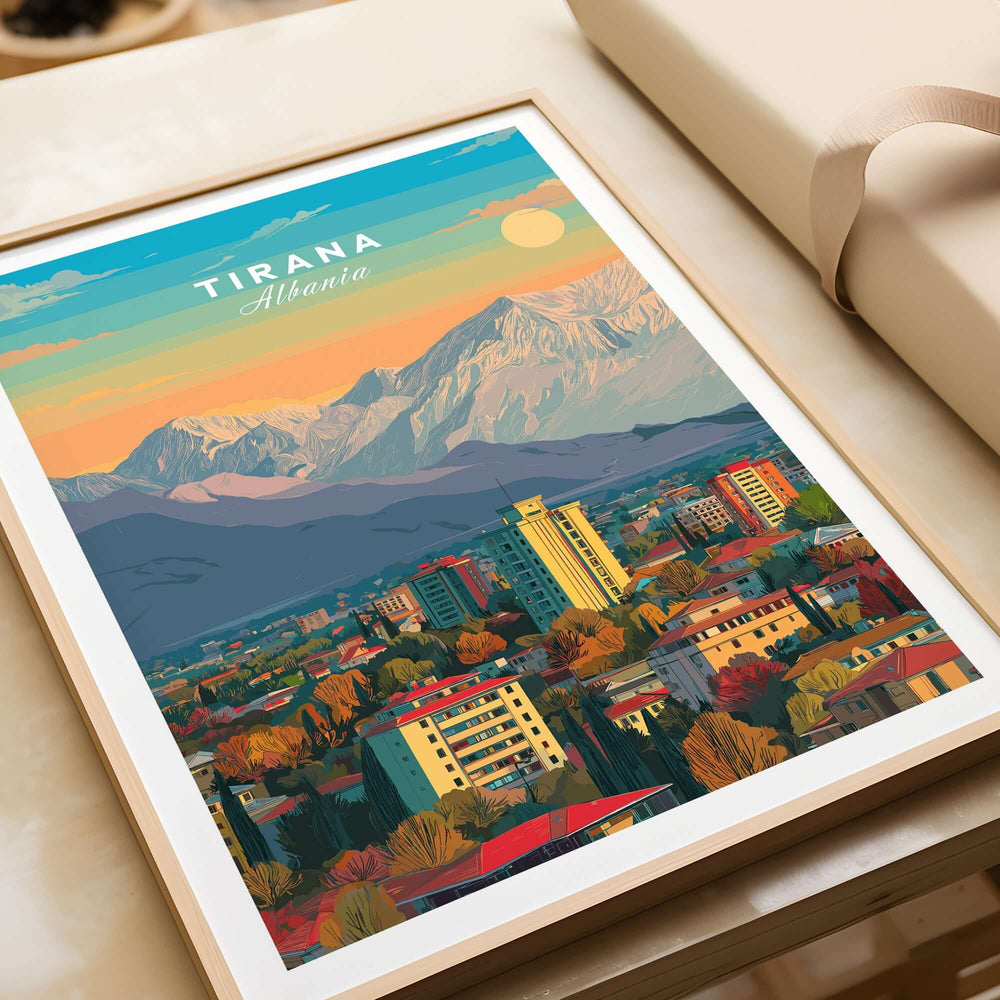 Tirana Cityscape Canvas Print | Albanian Home Wall Art showcasing vibrant cityscape with mountains in background.