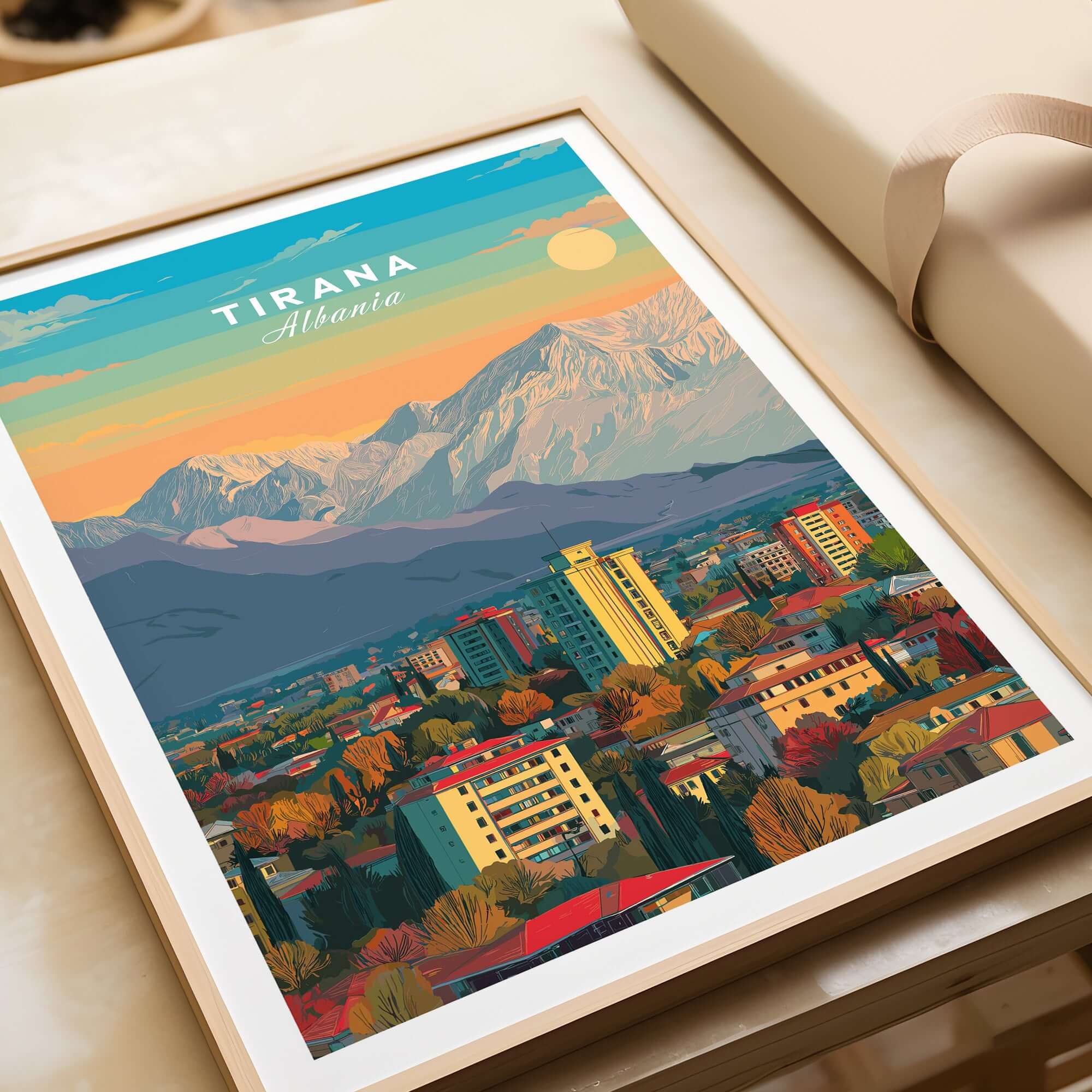 Tirana Cityscape Canvas Print | Albanian Home Wall Art showcasing vibrant cityscape with mountains in background.