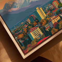 Tirana Cityscape Canvas Print | Albanian Home Wall Art featuring a vibrant urban landscape with colorful buildings and mountains.