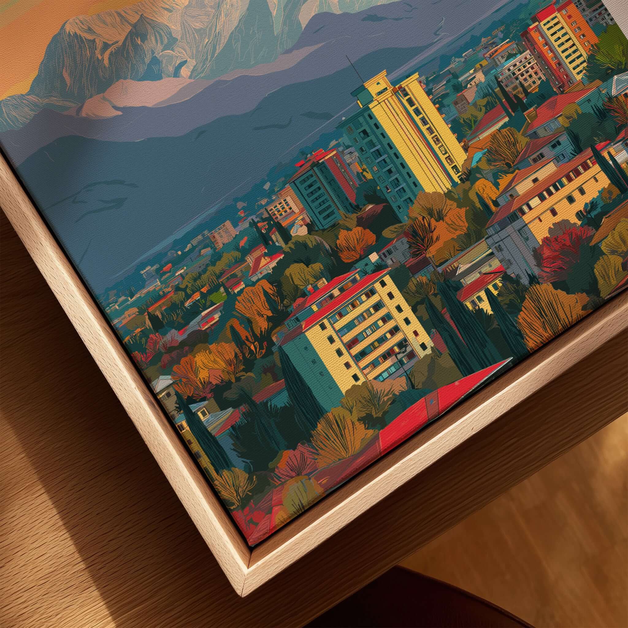 Tirana Cityscape Canvas Print | Albanian Home Wall Art featuring a vibrant urban landscape with colorful buildings and mountains.