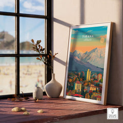 Tirana Cityscape Canvas Print | Albanian Home Wall Art displayed on a windowsill with a scenic background.