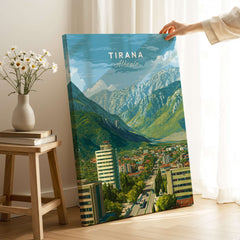 Tirana Cityscape Canvas Print | Albanian Travel Wall Decor showcasing vibrant mountains and urban landscape.