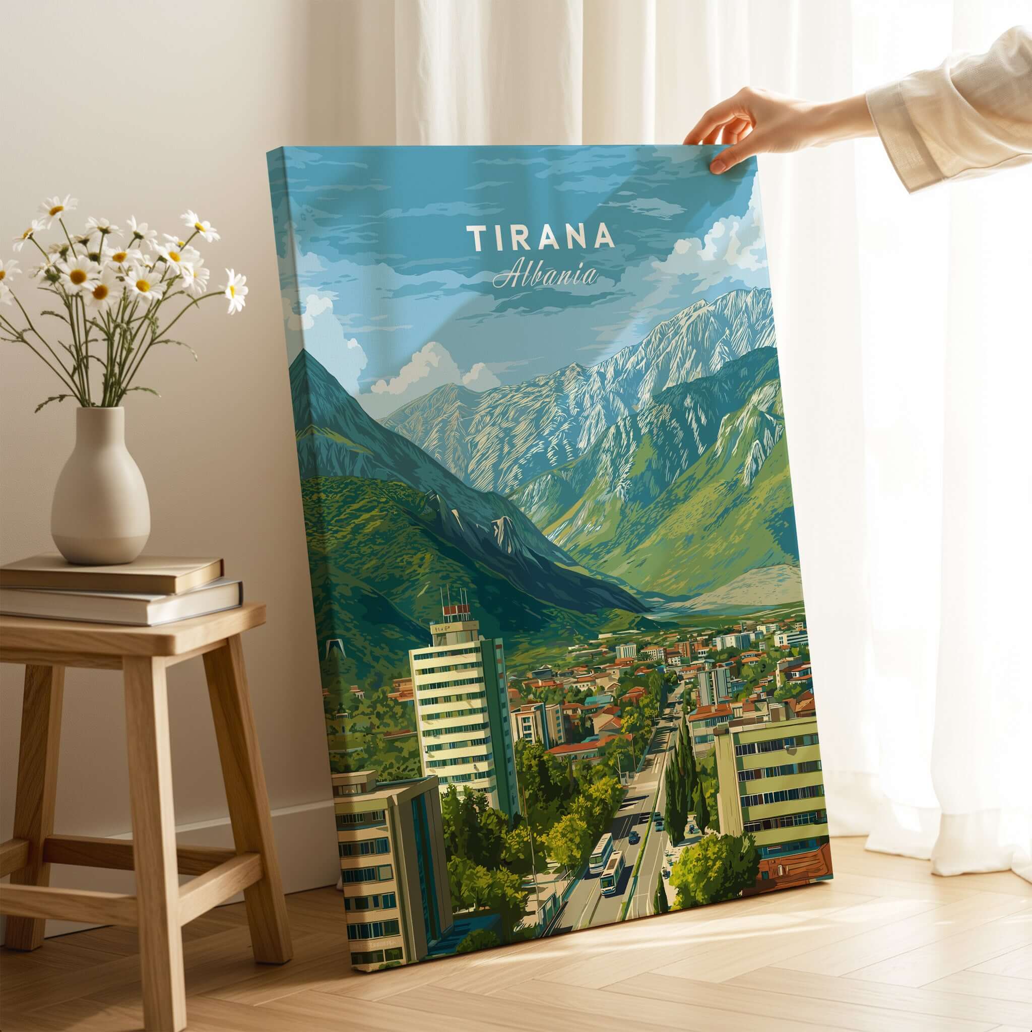 Tirana Cityscape Canvas Print | Albanian Travel Wall Decor showcasing vibrant mountains and urban landscape.