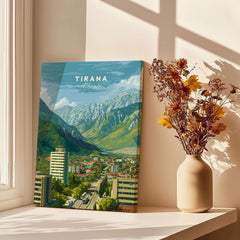 Tirana Cityscape Canvas Print | Albanian Travel Wall Decor showcasing a vibrant view of Tirana's skyline and mountains.