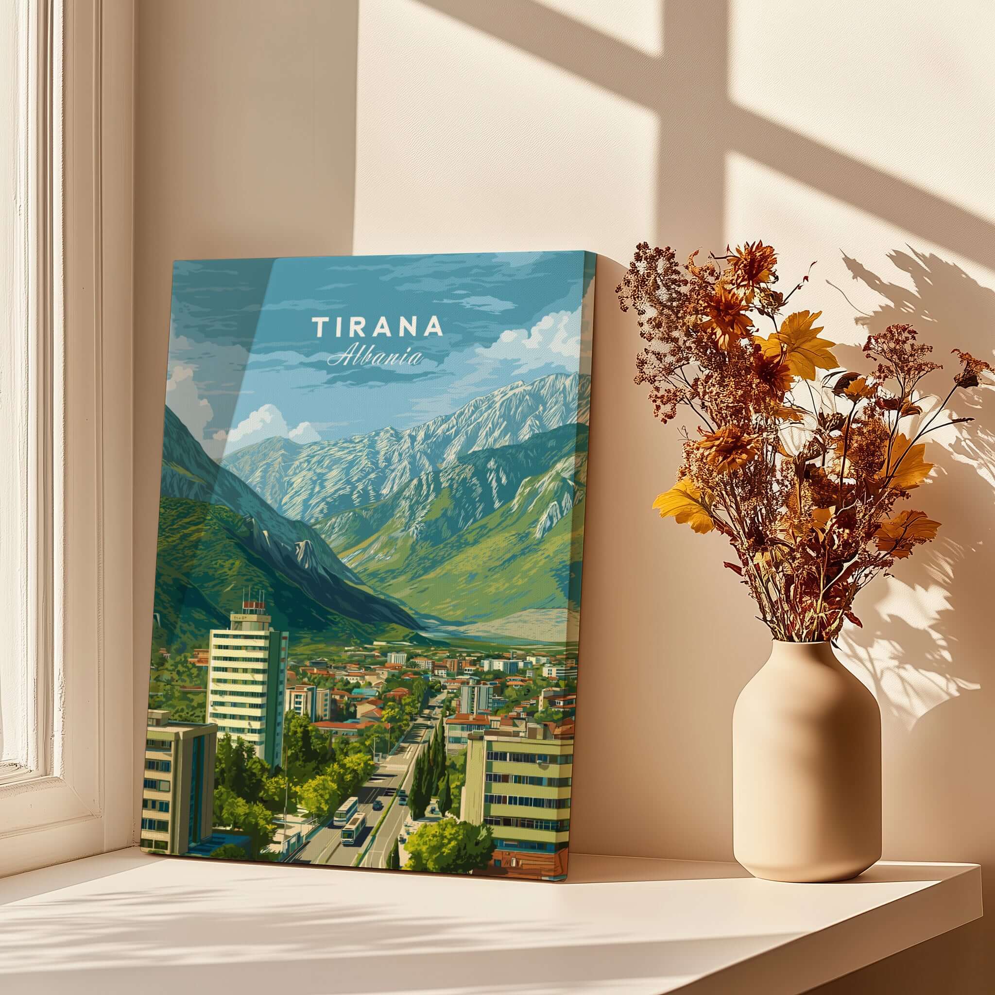 Tirana Cityscape Canvas Print | Albanian Travel Wall Decor showcasing a vibrant view of Tirana's skyline and mountains.