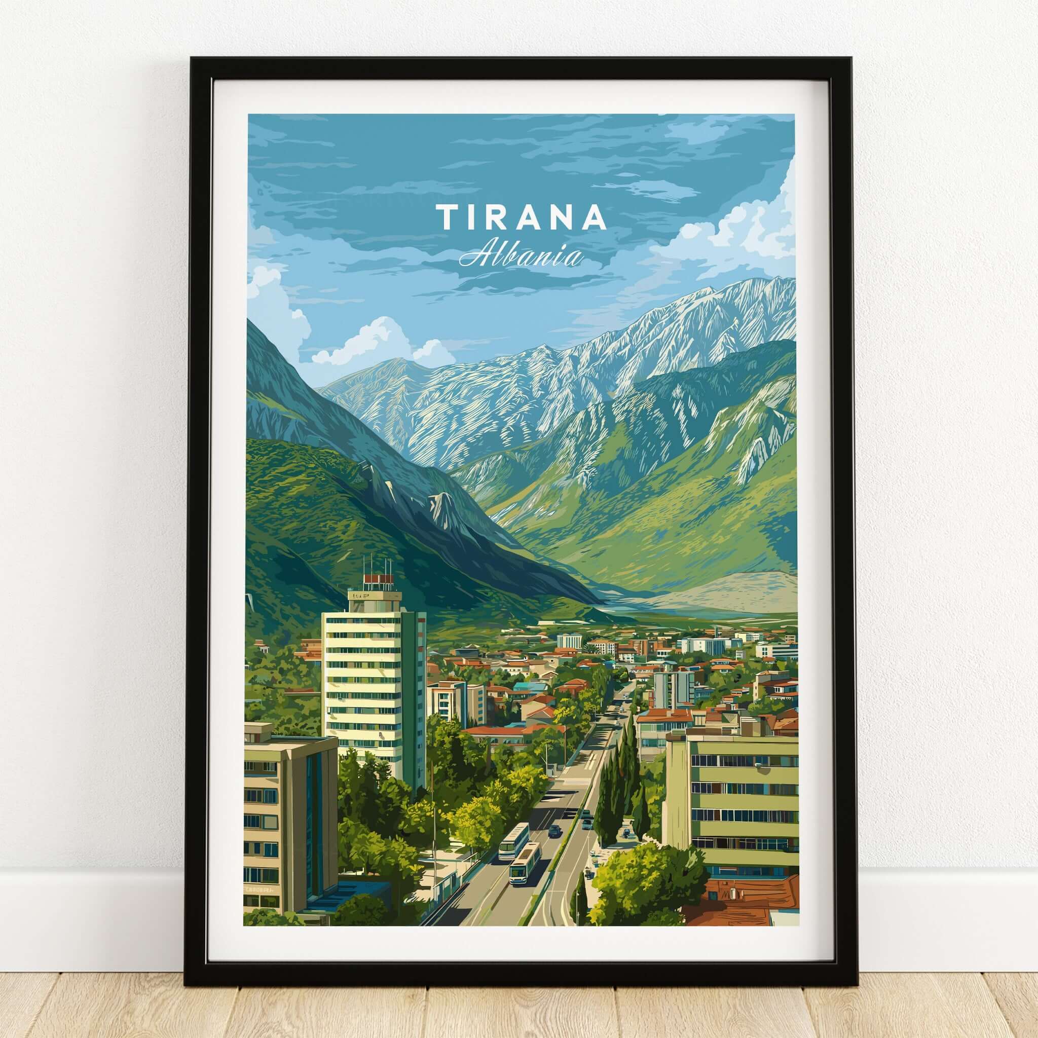 Tirana Cityscape Canvas Print | Albanian Travel Wall Decor showcasing the picturesque skyline of Tirana, Albania with mountains.