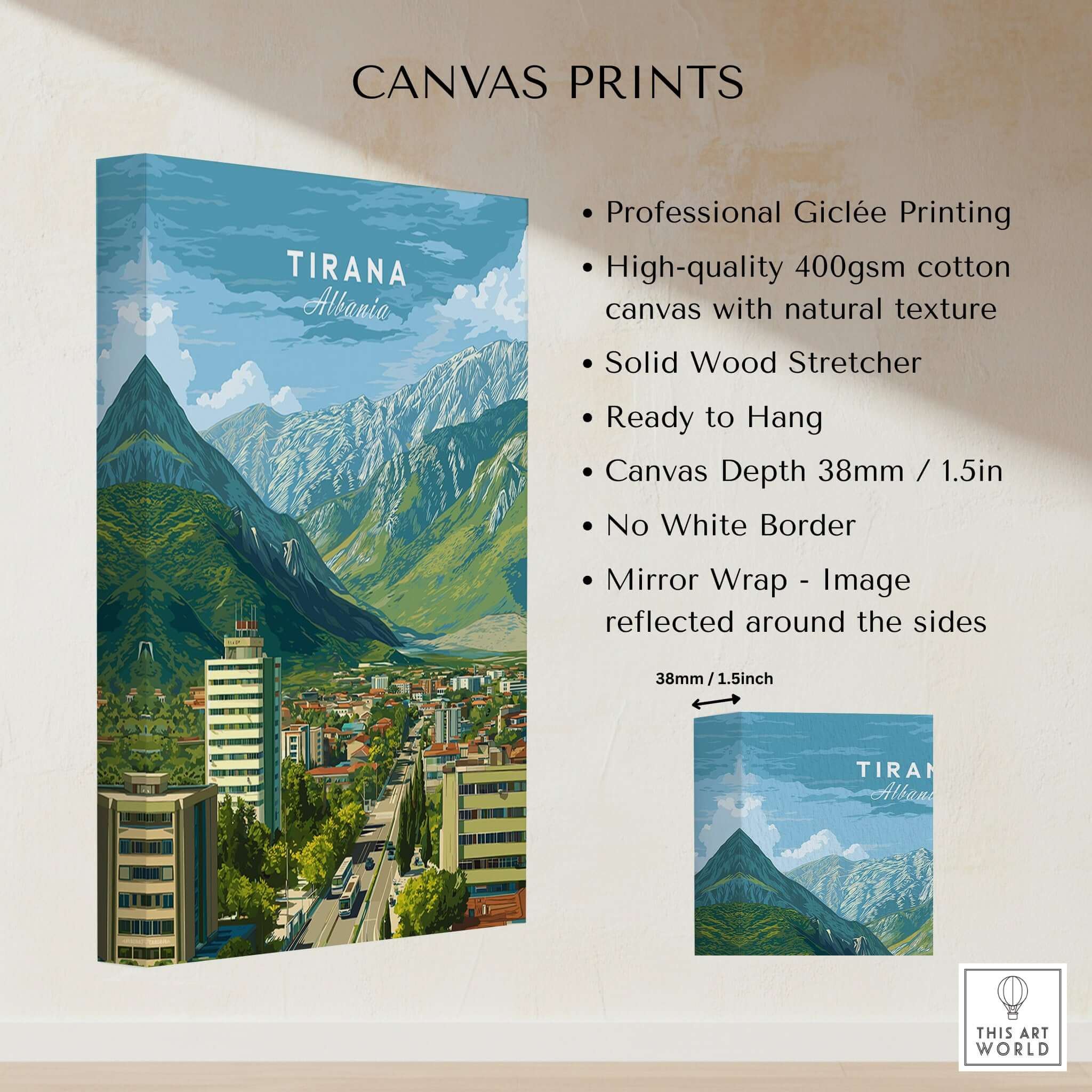 Tirana Cityscape Canvas Print | Albanian Travel Wall Decor showcasing vibrant skyline and mountainous backdrop.