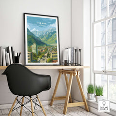 Tirana Cityscape Canvas Print | Albanian Travel Wall Decor showcased in modern home office decor.