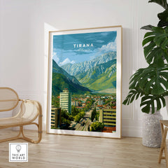 Tirana Cityscape Canvas Print | Albanian Travel Wall Decor showcasing vibrant city and mountains.