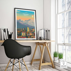 Tirana Cityscape Canvas Print | Albanian Home Wall Art displayed in a modern home office with a stylish chair and desk.