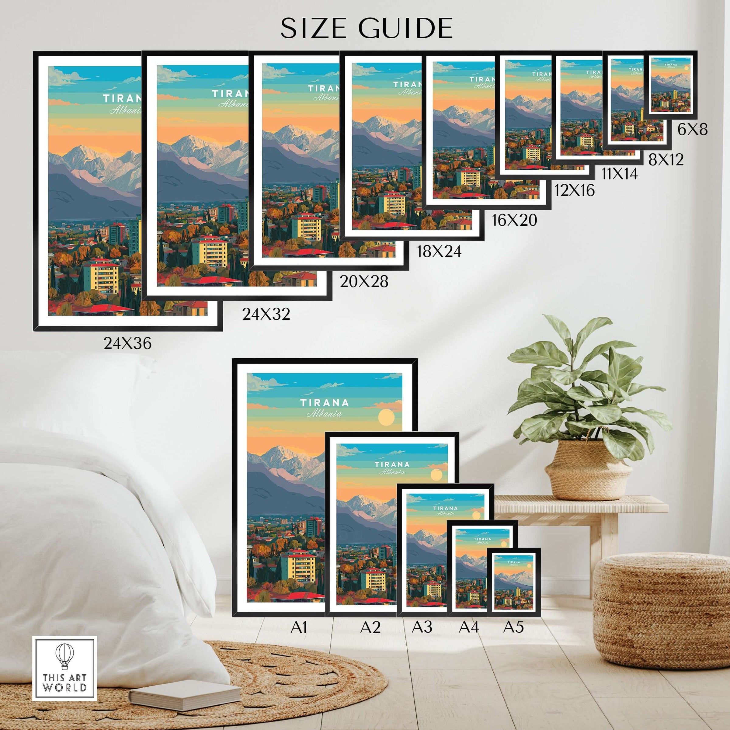 Tirana Cityscape Canvas Print | Albanian Home Wall Art Size Guide showing various frame sizes for home decor.