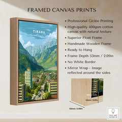 Tirana Cityscape Canvas Print | Albanian Travel Wall Decor showcasing professional Giclée printing and handmade wooden frame.