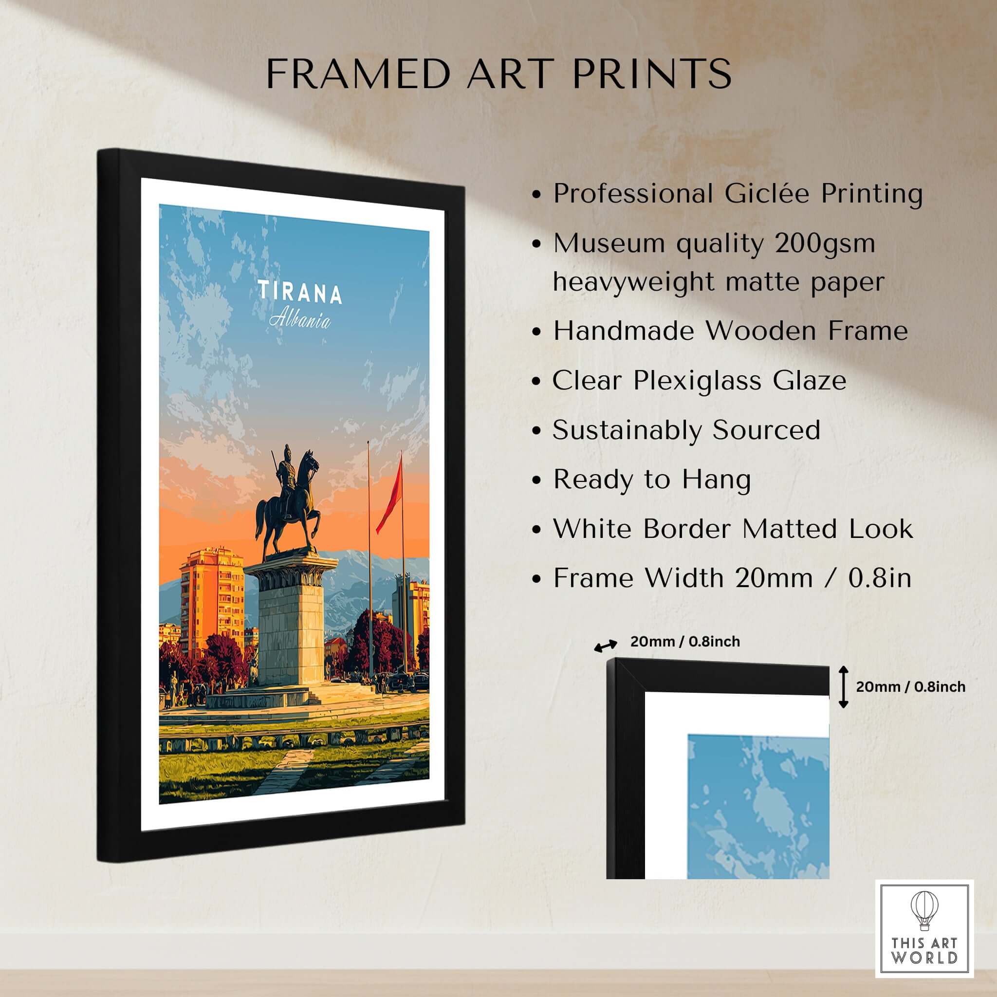 Tirana City Sunset Canvas Art Print | Albanian Travel Wall Decor displayed in a framed art print.