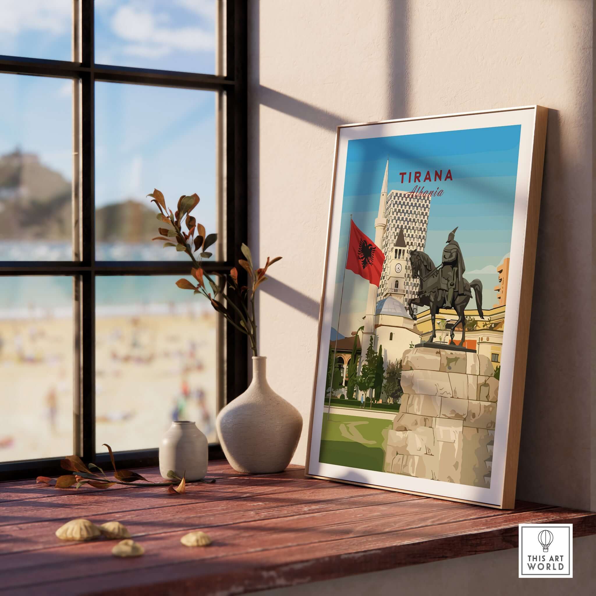 Tirana Skanderbeg Canvas Print | Albanian Wall Art displayed in a sunny interior with beach view.