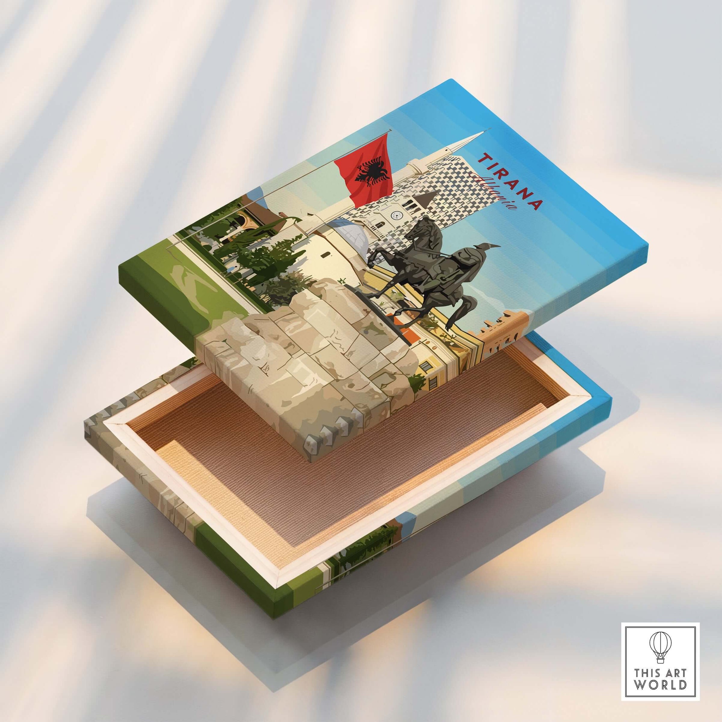 Tirana Skanderbeg Canvas Print | Albanian Wall Art featuring the iconic statue and landscape of Tirana, Albania.