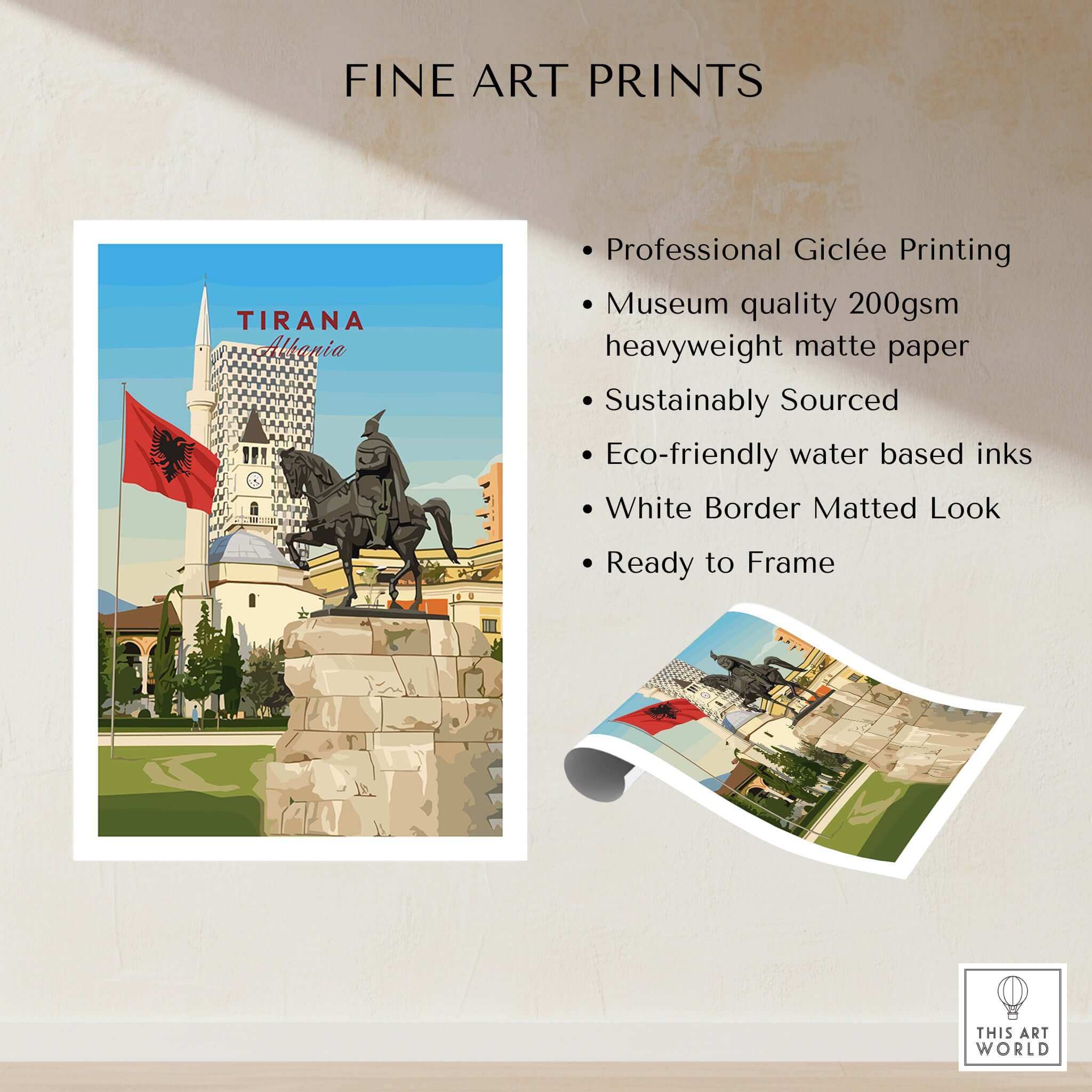 Tirana Skanderbeg Canvas Print | Albanian Wall Art showcasing the iconic statue of Skanderbeg in Tirana, vibrant wall print.