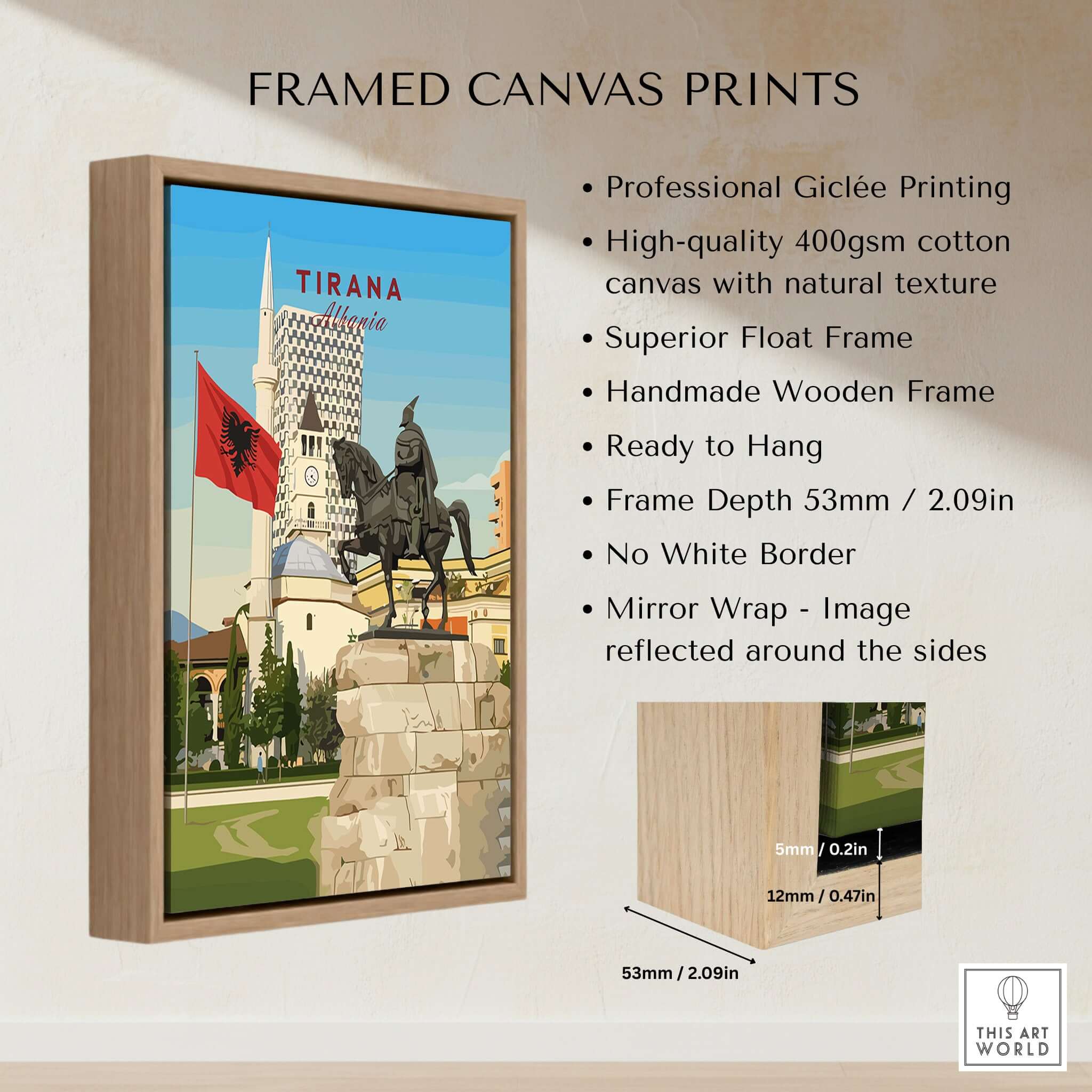 Tirana Skanderbeg Canvas Print | Albanian Wall Art framed canvas print showcasing Tirana's historic skyline.