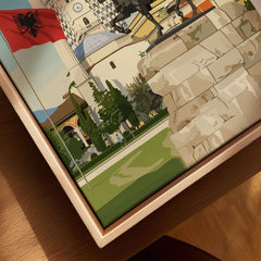 Tirana Skanderbeg Canvas Print | Albanian Wall Art featuring Skanderbeg statue and Albanian flag in vibrant colors.
