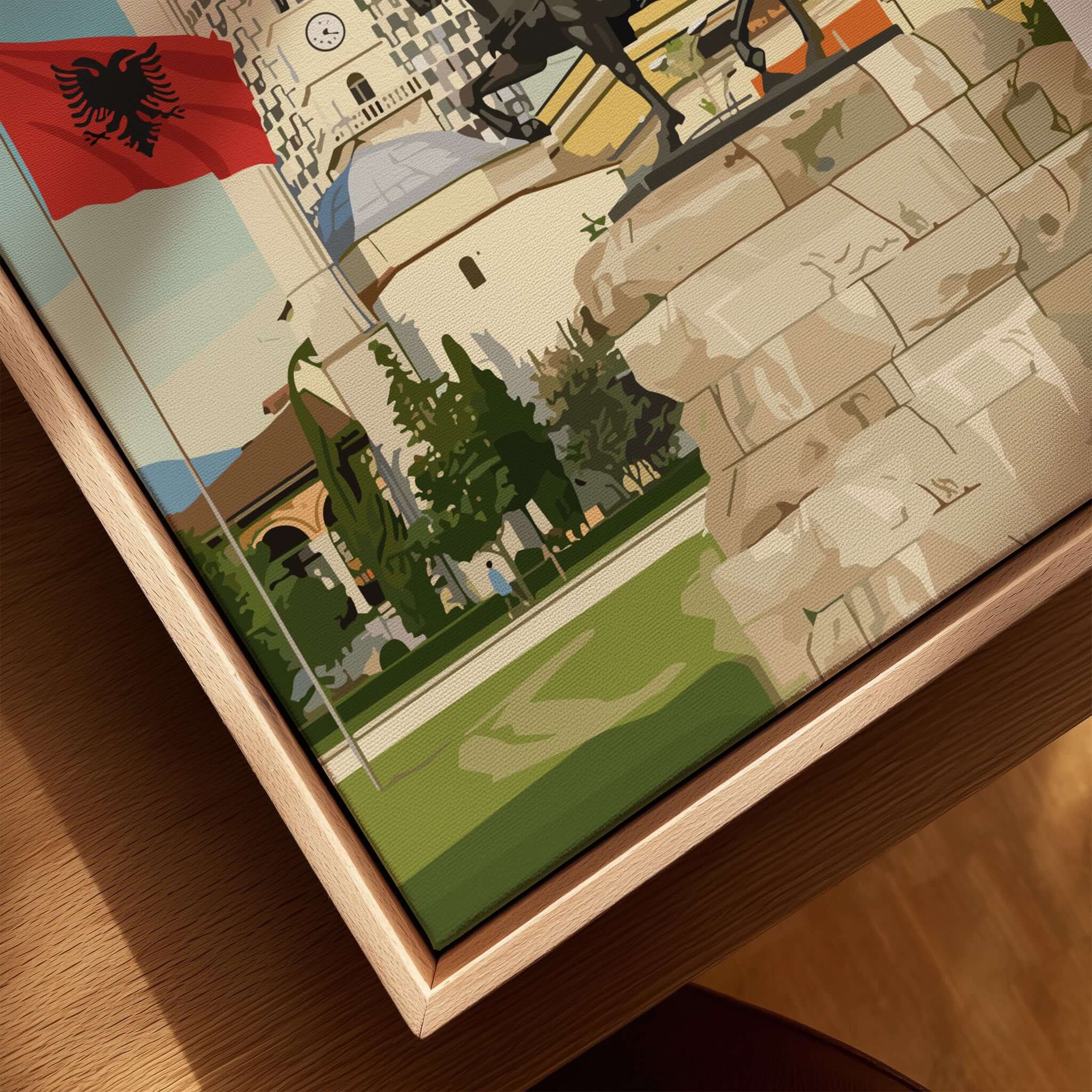 Tirana Skanderbeg Canvas Print | Albanian Wall Art featuring Skanderbeg statue and Albanian flag in vibrant colors.