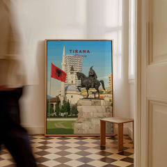 Tirana Skanderbeg Canvas Print | Albanian Wall Art featuring the iconic statue of Skanderbeg and Albanian flag.