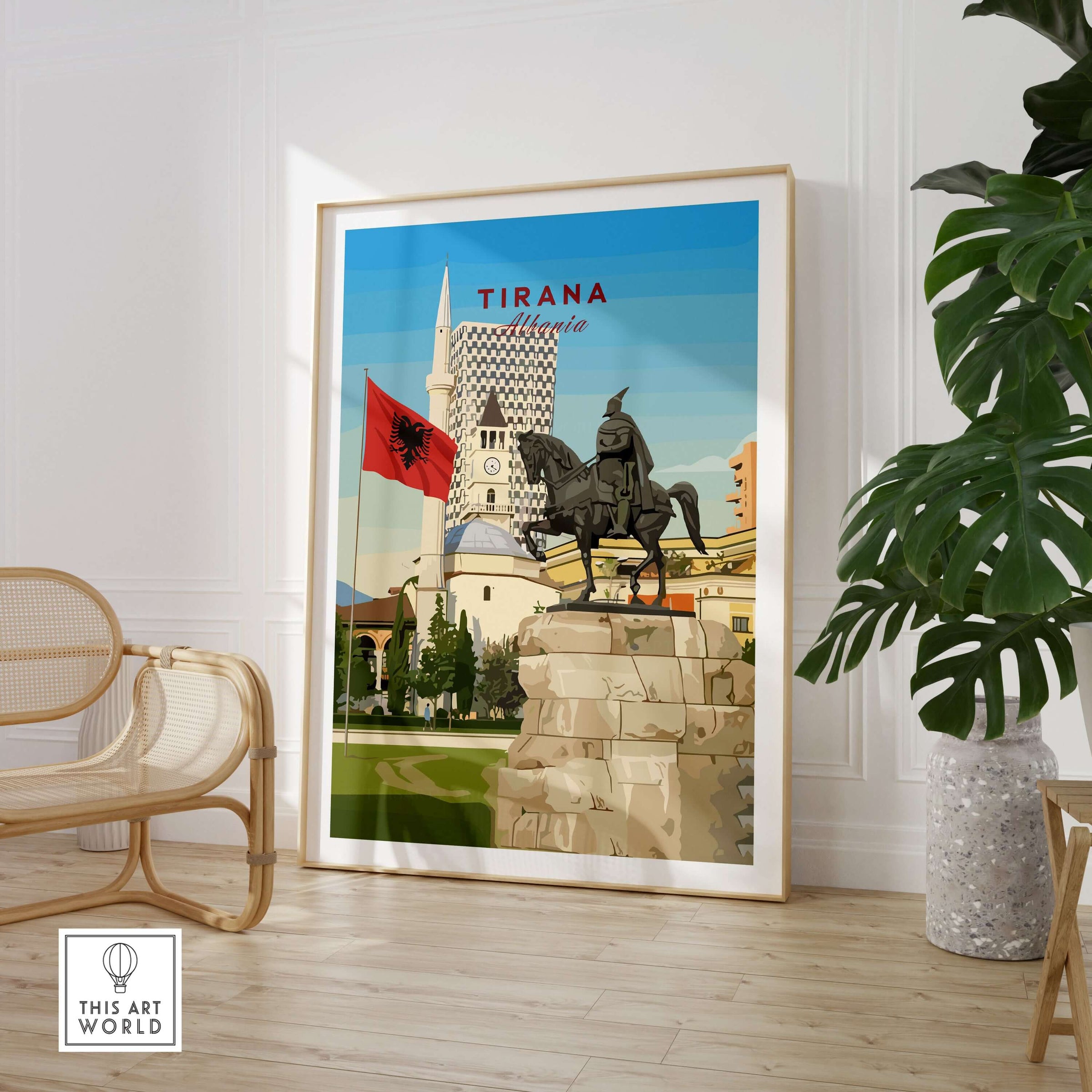 Tirana Skanderbeg Canvas Print | Albanian Wall Art displayed in a modern interior setting with a flag and historical landmarks.