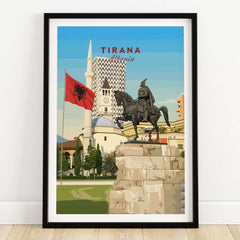 Tirana Skanderbeg Canvas Print | Albanian Wall Art featuring legendary hero on horseback with Albanian flag and cityscape.