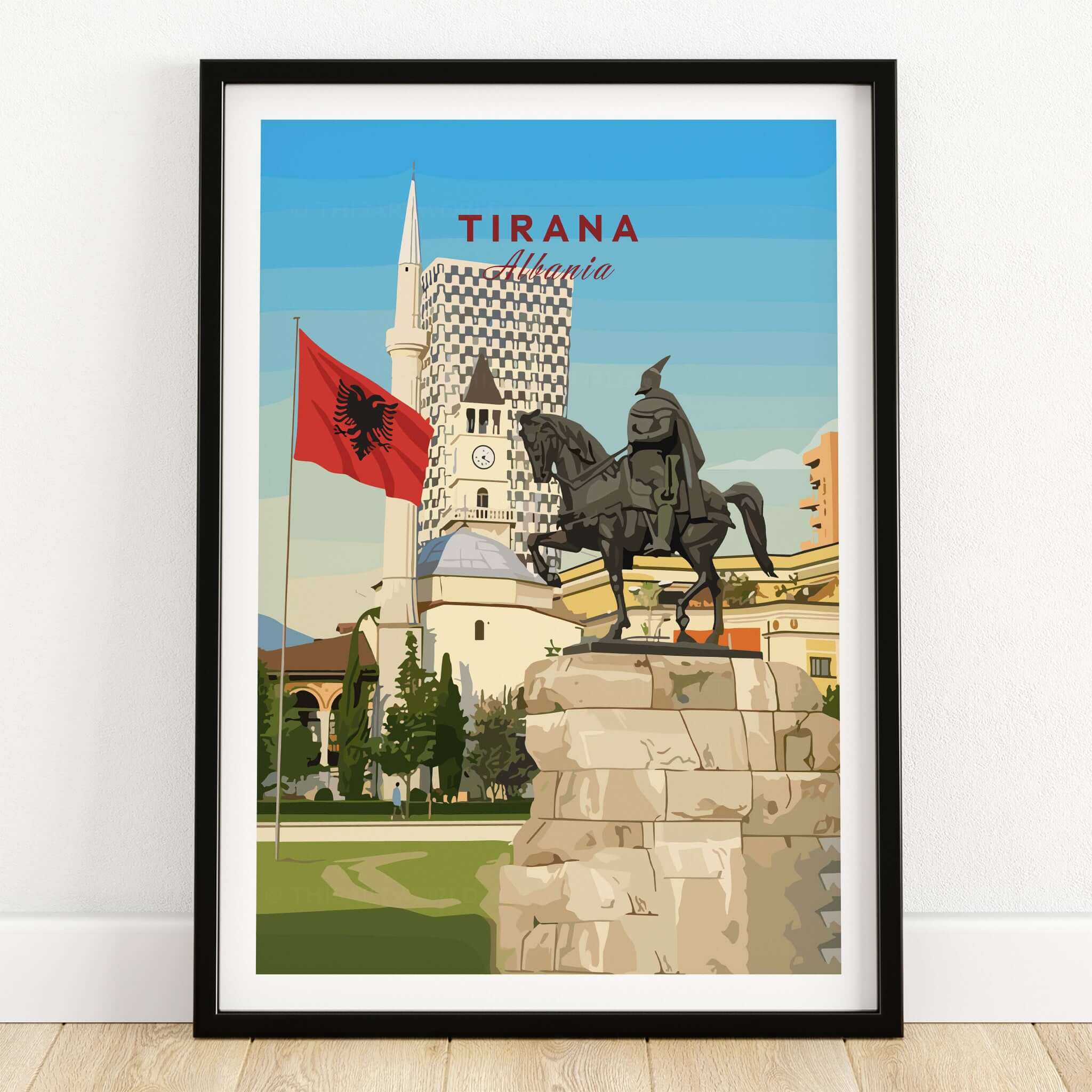 Tirana Skanderbeg Canvas Print | Albanian Wall Art featuring legendary hero on horseback with Albanian flag and cityscape.