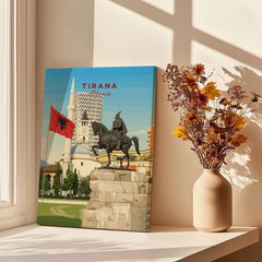 Tirana Skanderbeg Canvas Print | Albanian Wall Art displayed next to a vase with flowers and a sunny window.