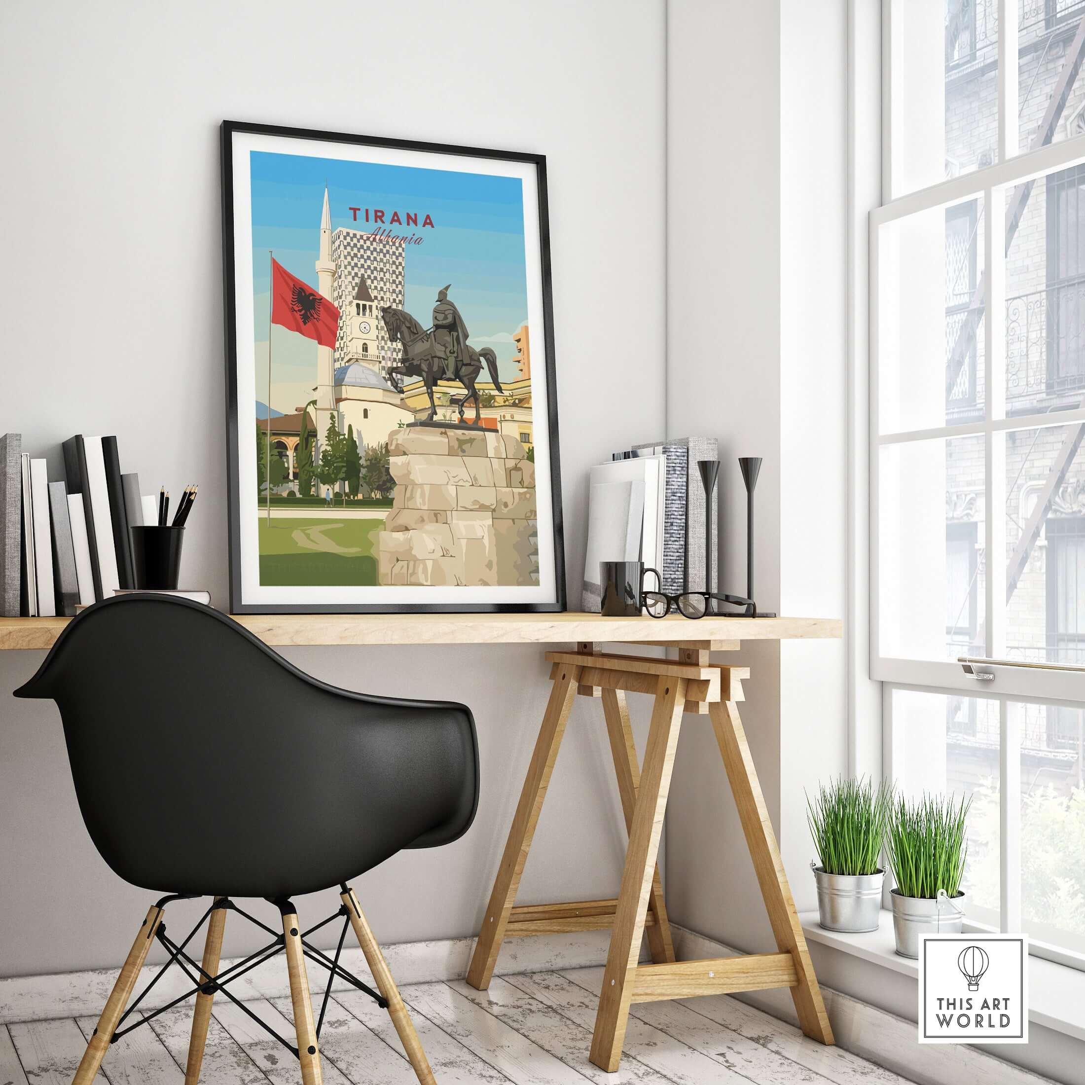Tirana Skanderbeg Canvas Print | Albanian Wall Art displayed in a stylish interior office setting.