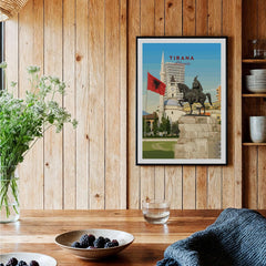 Tirana Skanderbeg Canvas Print | Albanian Wall Art displayed on a wooden wall with vibrant colors and Albanian flag.