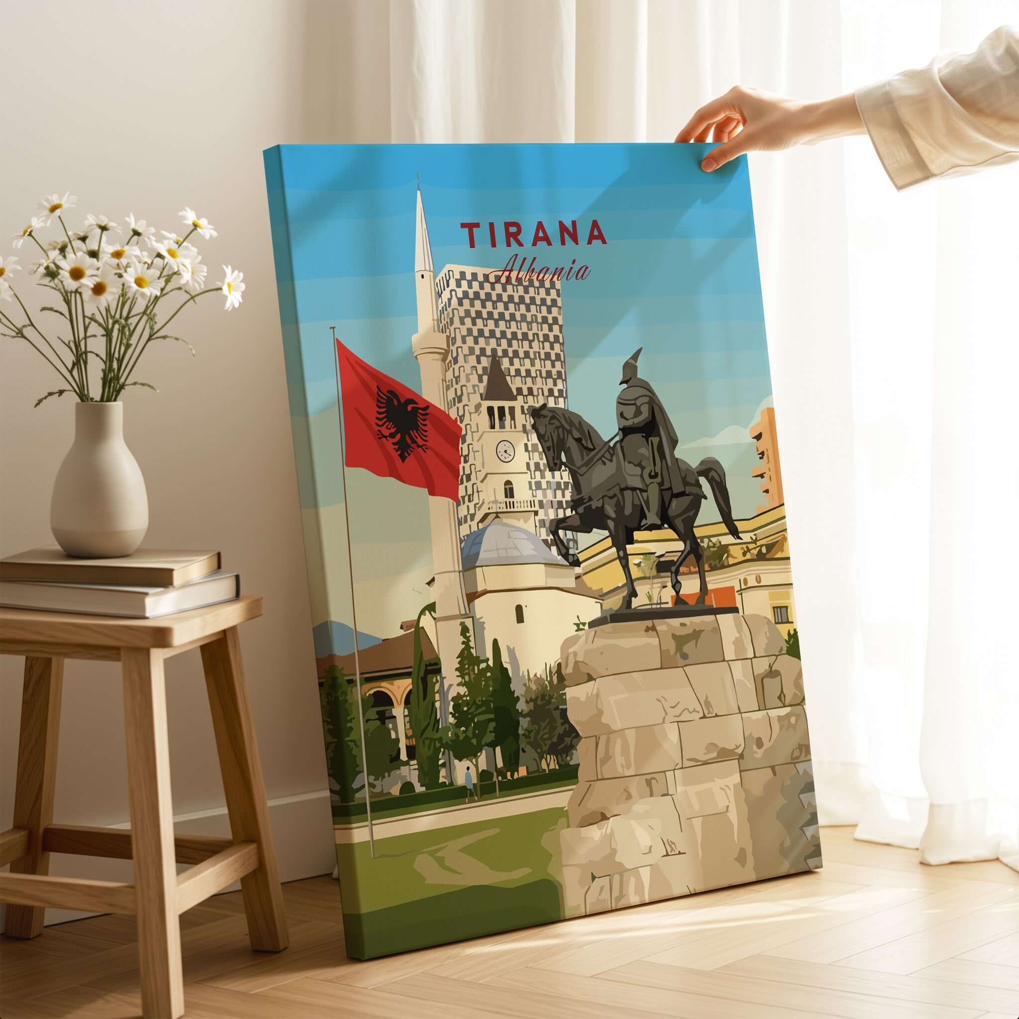 Tirana Skanderbeg Canvas Print | Albanian Wall Art showcasing the iconic statue and Albanian flag in Tirana.