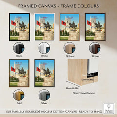 Framed canvas options for Tirana Skanderbeg Canvas Print | Albanian Wall Art showcasing various frame colors.