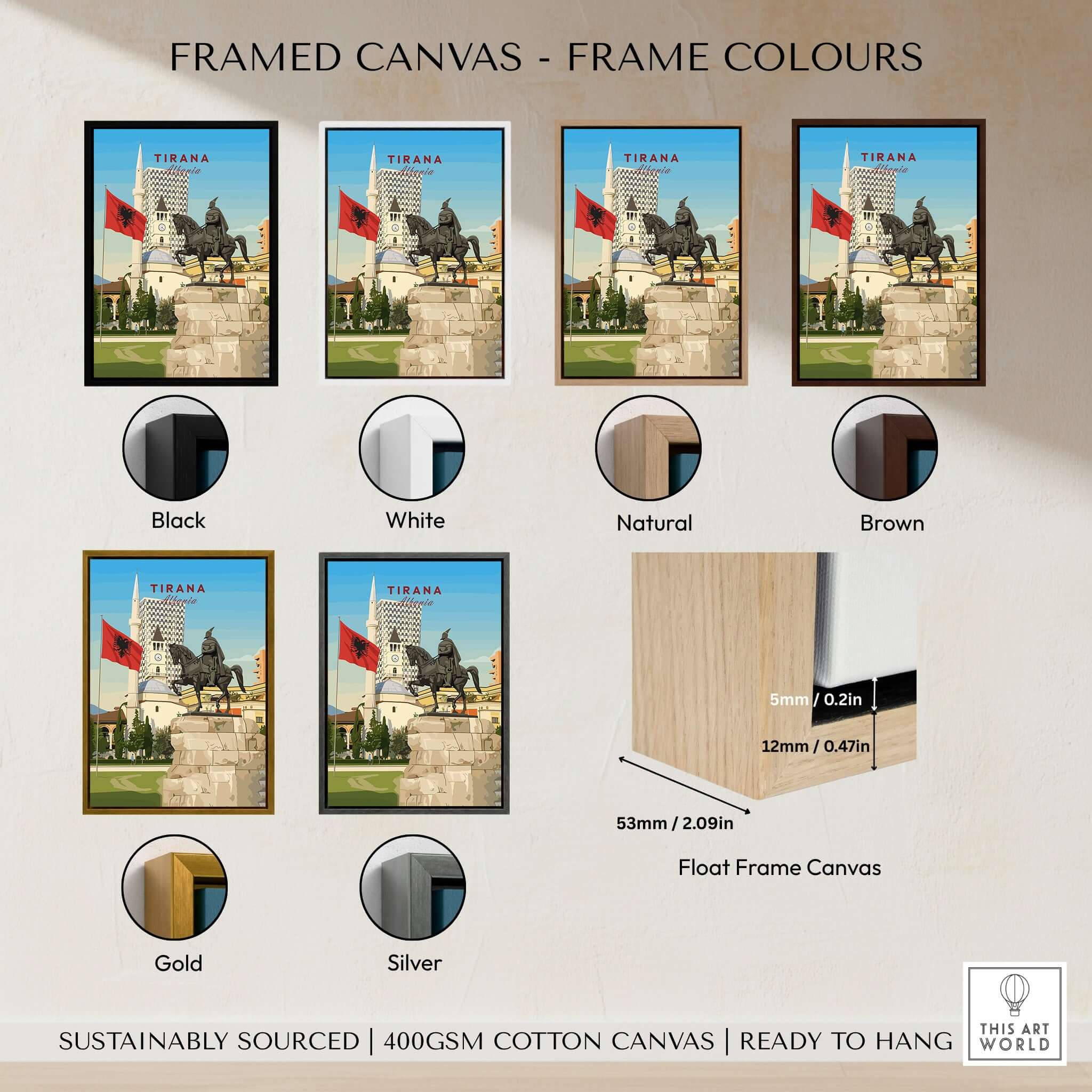 Framed canvas options for Tirana Skanderbeg Canvas Print | Albanian Wall Art showcasing various frame colors.
