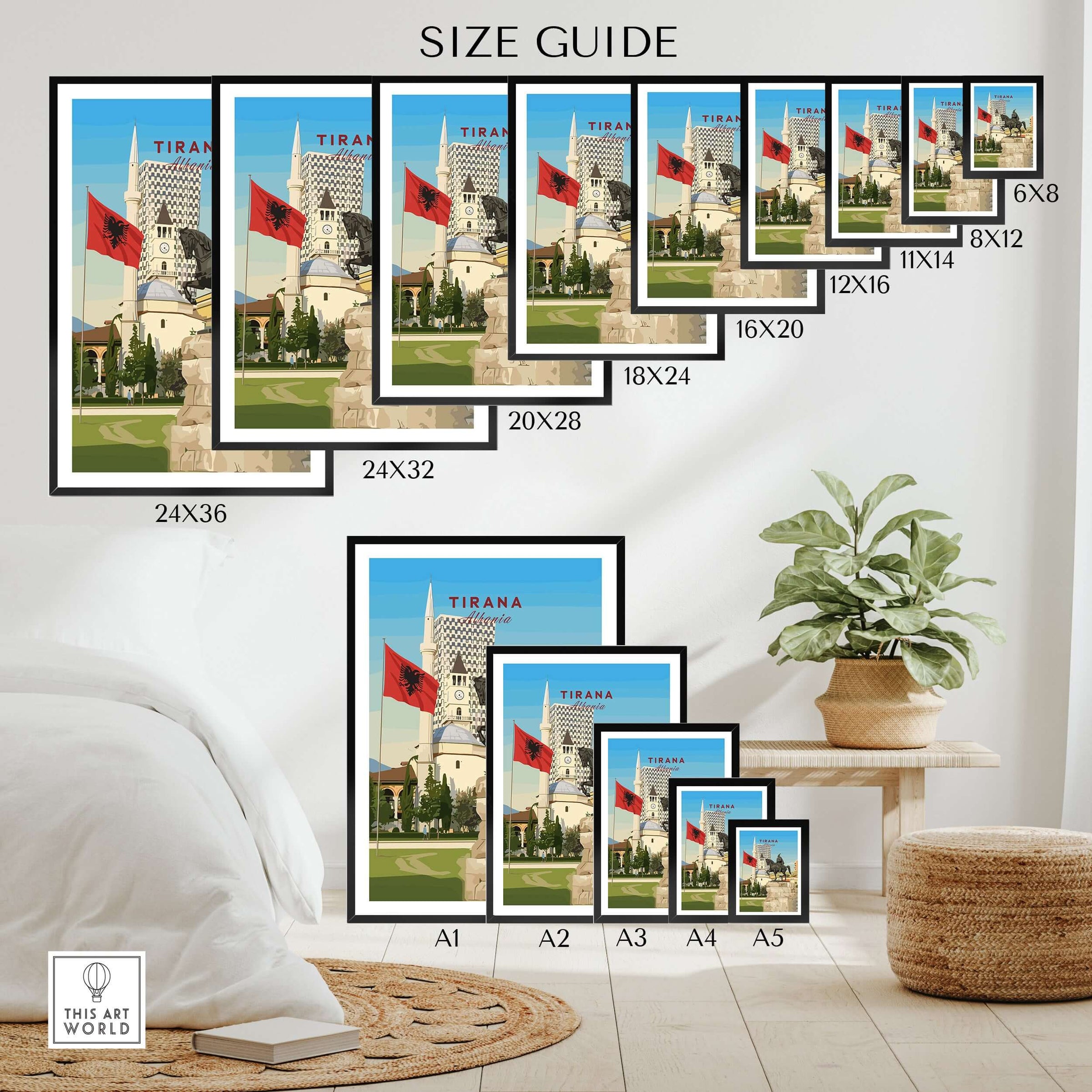 Tirana Skanderbeg Canvas Print | Albanian Wall Art size guide showing various frame sizes for display options.