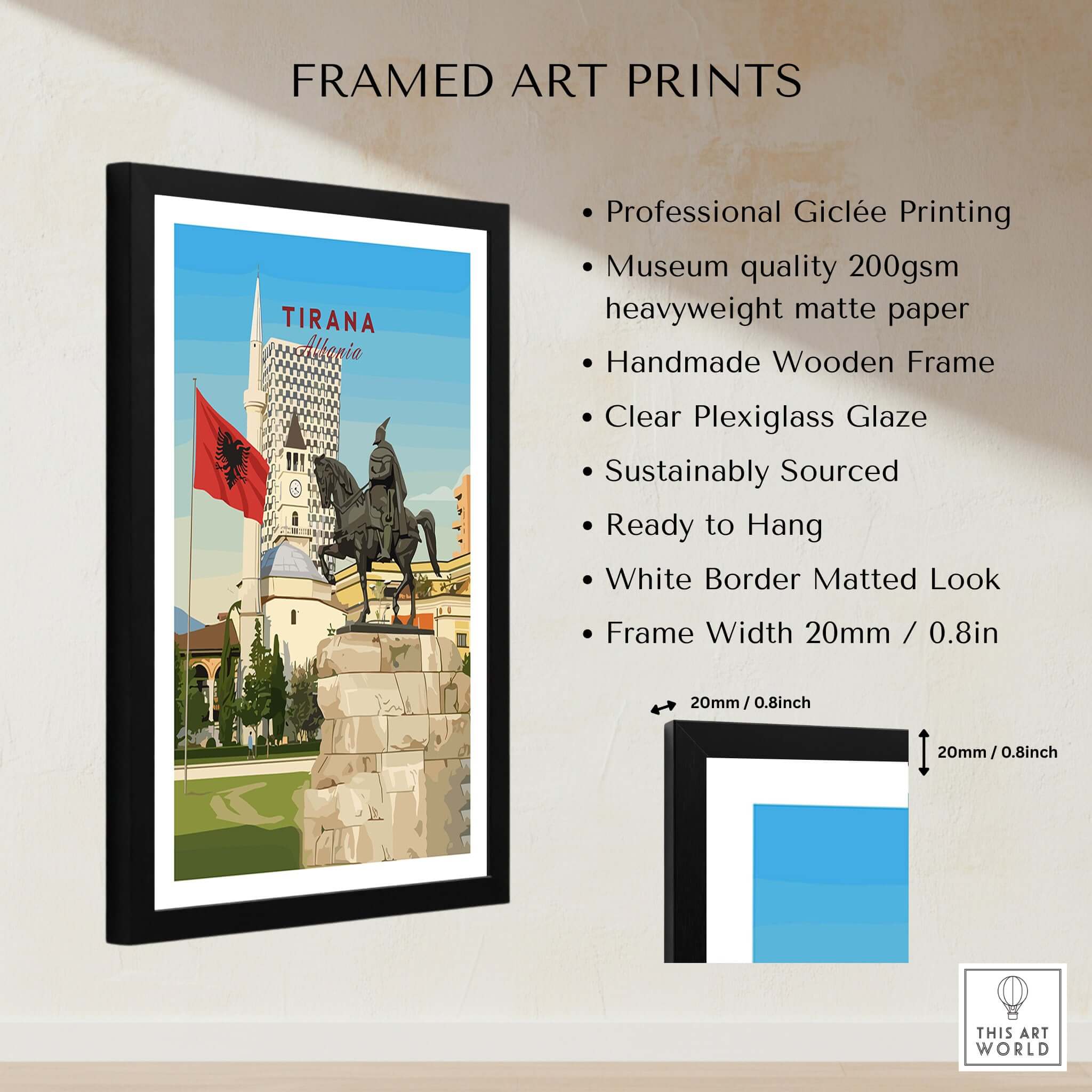 Tirana Skanderbeg Canvas Print | Albanian Wall Art displayed in a handmade wooden frame with museum quality paper.