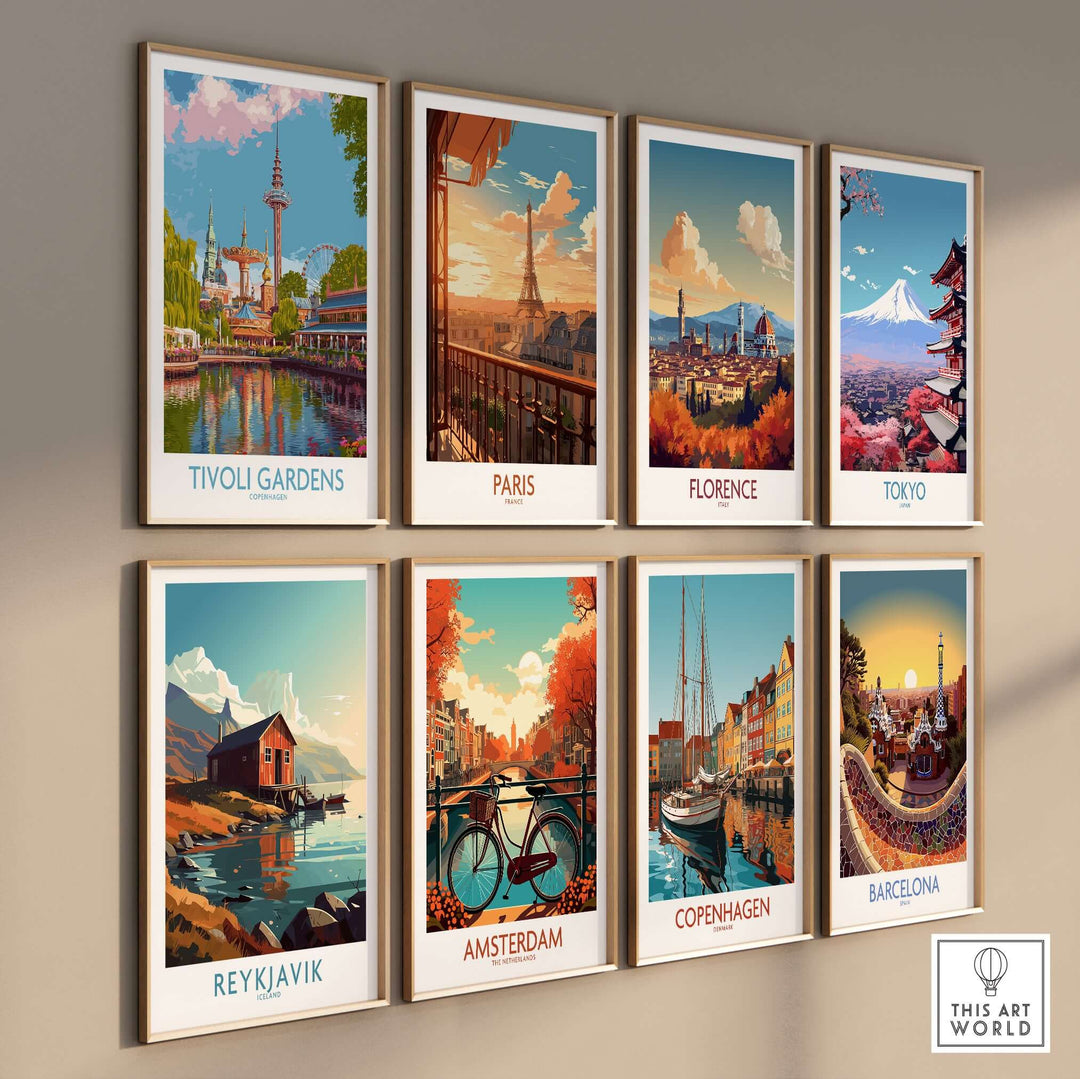Tivoli Gardens and iconic city art prints displayed on a wall, featuring European landmarks like Paris and Florence.