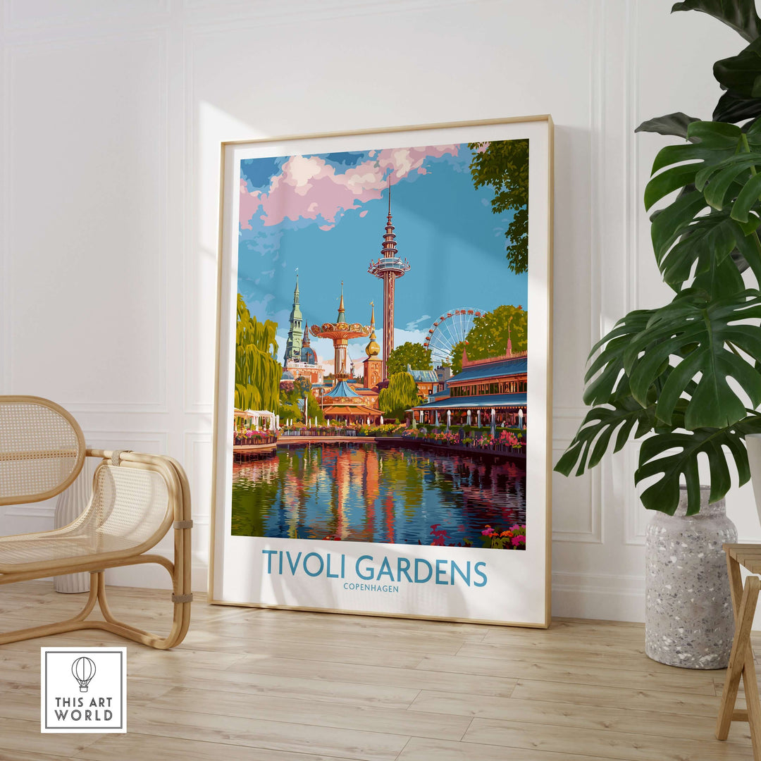 Tivoli Gardens Copenhagen art print showcasing vibrant colors and iconic landmarks in a stylish interior setting.