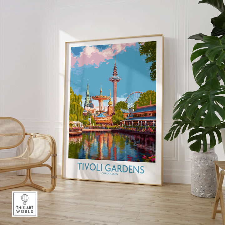 Tivoli Gardens Copenhagen art print showcasing vibrant colors and iconic landmarks in a stylish interior setting.