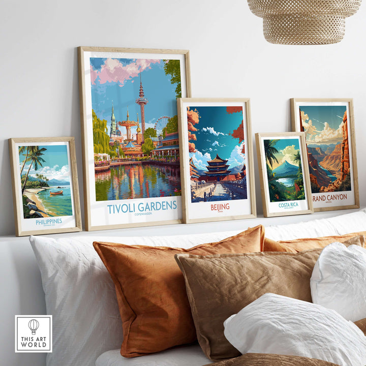 Framed art prints featuring Tivoli Gardens, Beijing, and scenic locations including the Philippines and Costa Rica.