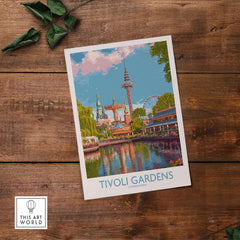 Tivoli Gardens Copenhagen Art Print - Iconic Landmark Poster Denmark showcased in vibrant colors on a wooden surface.