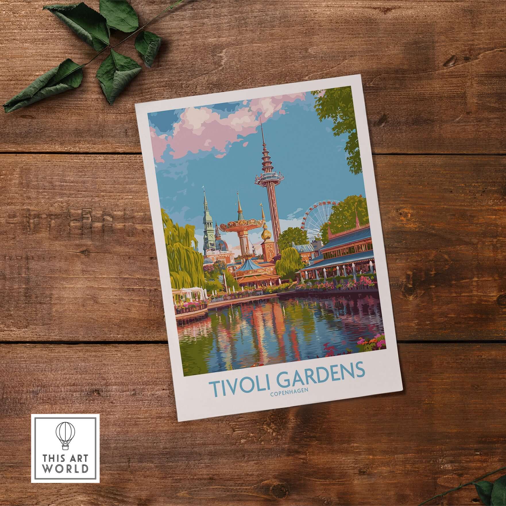 Tivoli Gardens Copenhagen Art Print - Iconic Landmark Poster Denmark showcased in vibrant colors on a wooden surface.