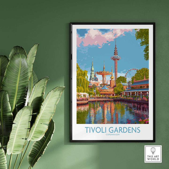 Tivoli Gardens Copenhagen art print showcasing colorful landmarks and amusement rides in a vibrant green setting.