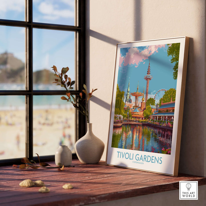 Tivoli Gardens Copenhagen art print displayed by a window, capturing the charm of Denmark's iconic amusement park.