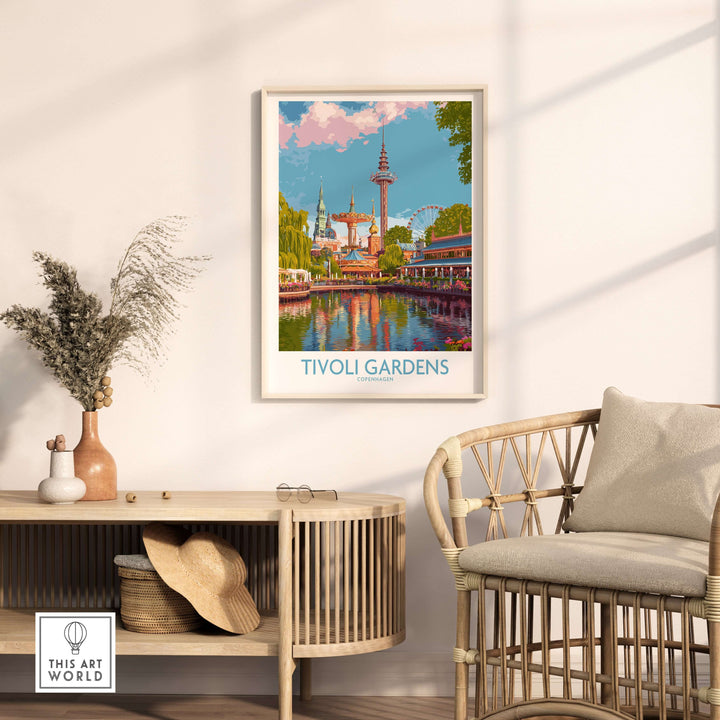 Tivoli Gardens Copenhagen art print in a stylish living room setting, showcasing the iconic amusement park.