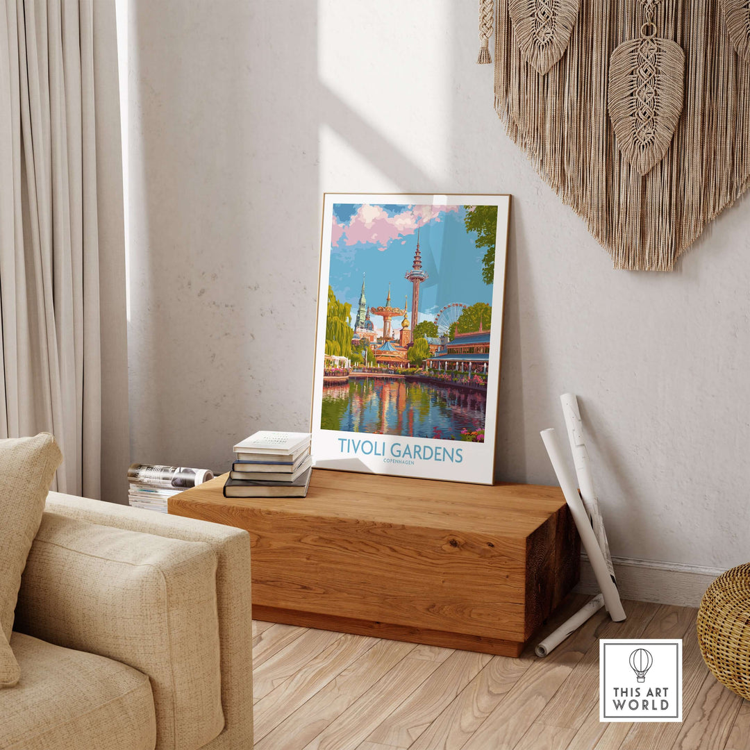 Tivoli Gardens Copenhagen art print displayed in a stylish living room, showcasing Denmark's iconic amusement park.