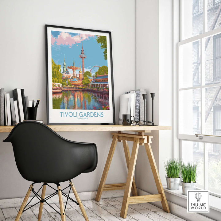 Tivoli Gardens Copenhagen art print in a modern workspace, showcasing the iconic amusement park landmark.